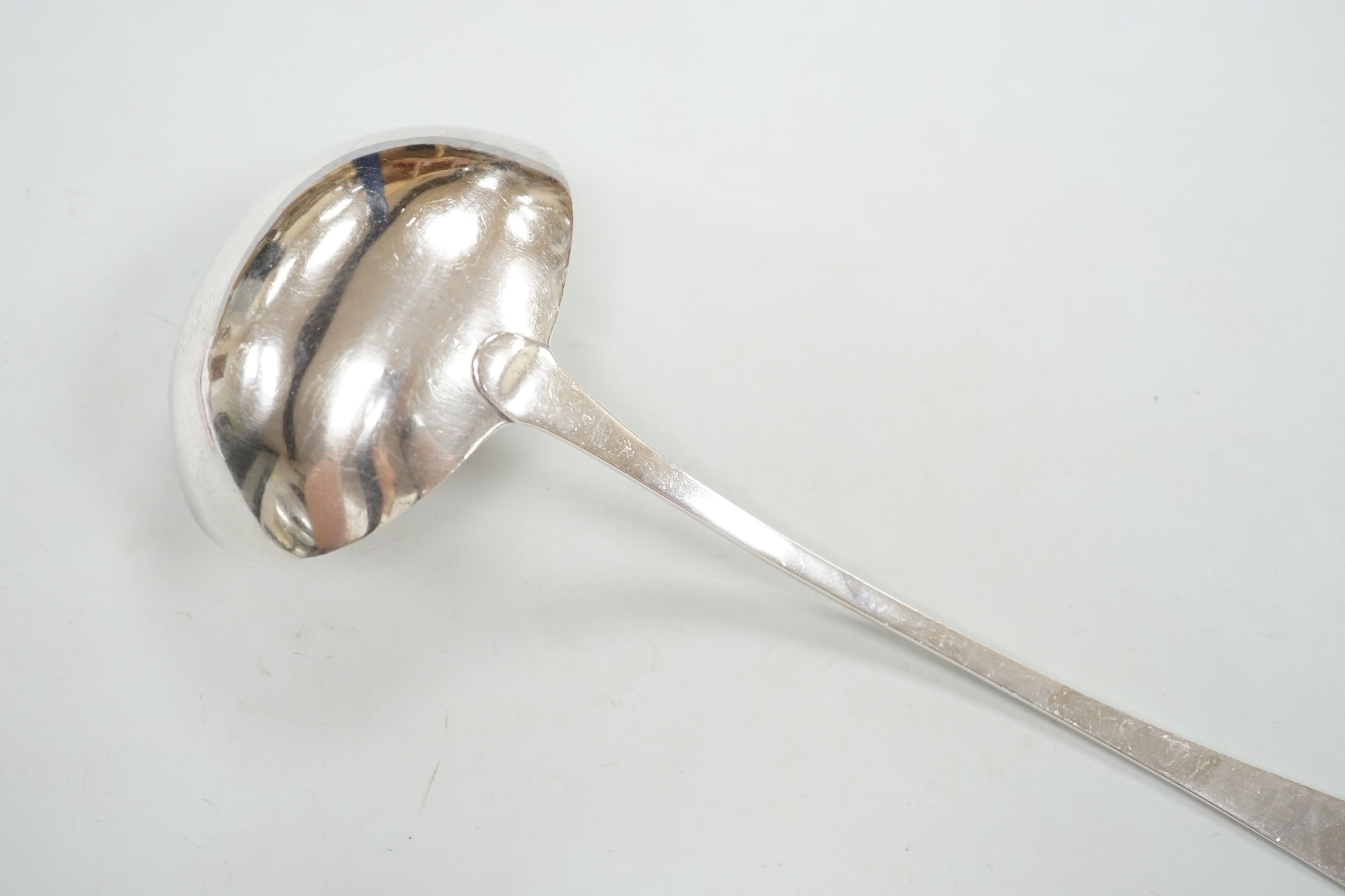A late George III silver Old English pattern soup ladle, Hougham, Royes & Dix, London,1817, 32.5cm, 6oz.